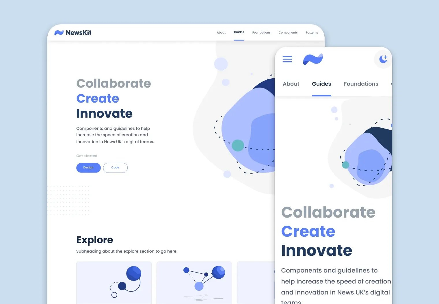 The NewsKit landing page shown on desktop and mobile