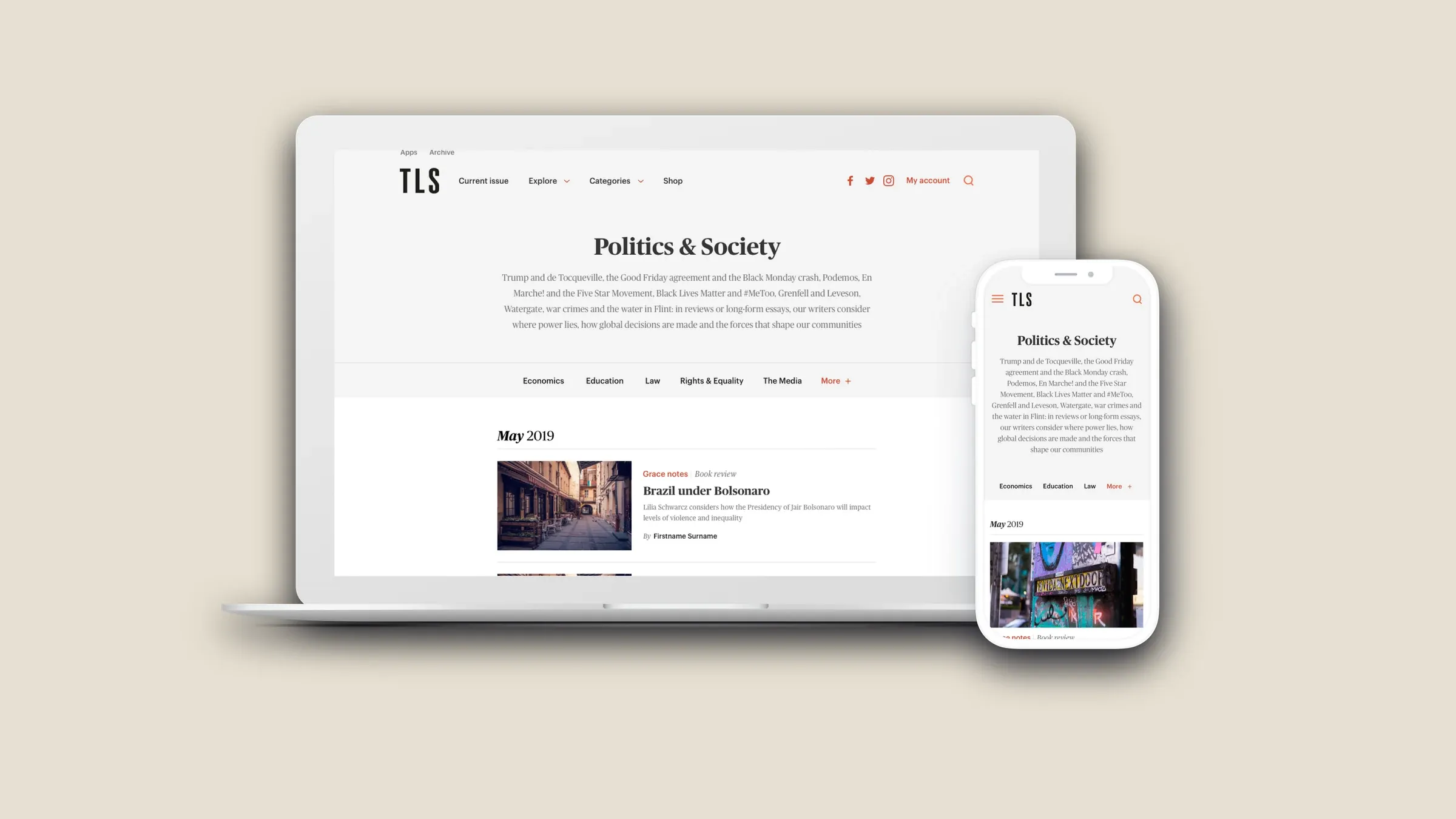 A Times Literary Supplement topic page shown on a laptop and phone